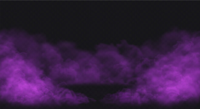 Purple Smoke effect on transparent dark background. Fog gray cloud above the floor surface with an empty spot