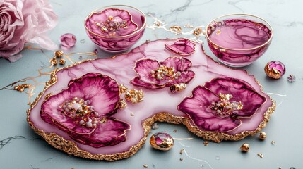 Fototapeta premium A pink marble slab with gold accents, adorned with pink flowers and gold jewels, accompanied by two small cups of pink liquid.