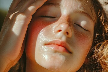 Fototapeta premium Close-up portrait of a young person with sunlit skin and a relaxed expression.