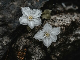 Frozen Narcissus Flowers on Rock Surface Top View Close Up Still Life Nature Cold Winter Season Outdoors
