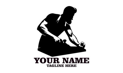 illustration carpenter with planing tool, carpentry work on wood emblem. Joinery, woodwork, woodworking badge or symbol vector and logo icon