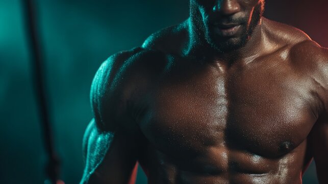 Hardcore workout male fitness enthusiast performing cable tricep pushdowns for glowing abs in a gym environment
