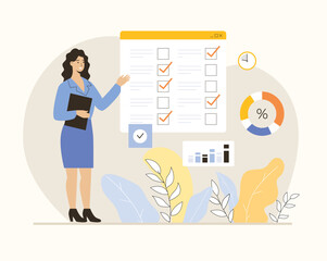 Online survey concept. Woman filling questionnaire on web page, giving feedback, marking answers in checklist form. Flat vector illustration.	