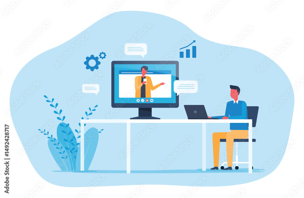 Poster flat vector online video conference for meeting with remote technology. businessteam connect collsbo