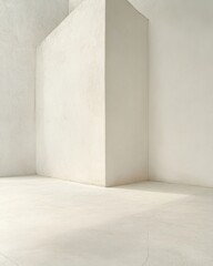 Minimalist interior corner featuring textured white walls and floor in a bright room with natural light from low angle