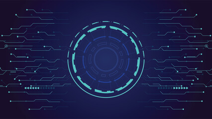 Digital tech interface background with a central circular design and abstract circuit elements perfect for themes of innovation, AI, and digital transformation