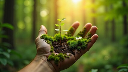 A hand holding a plant with moss and dirt