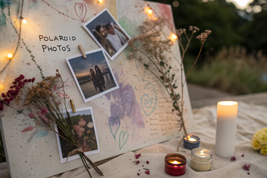 A charming setup features polaroid photos, candles, and dried flowers, creating a cozy atmosphere outdoors