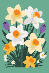 Obraz premium Colorful Spring Floral Illustration Featuring Daffodils and Tulips on a Green Background