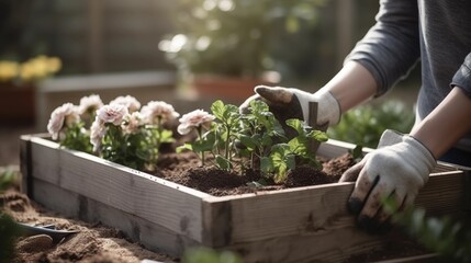 Handschuhe Hände pflanzen im Hochbeet