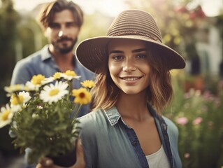 Frau mit Blumenstrauß im Garten