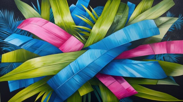 A vibrant abstract painting of tropical foliage in shades of pink, blue, and green.