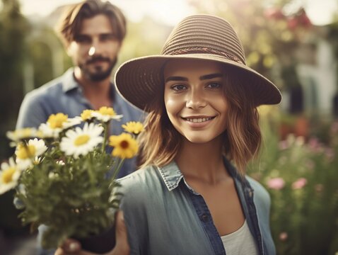 Frau mit Blumenstrau&szlig; im Garten