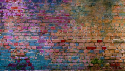 Fototapeta premium Abstract old wall background with stained aged bricks, full panoramic view texture