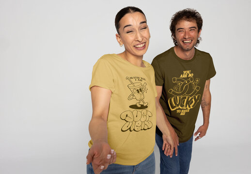 Interracial Couple Having Fun wearing t-shirts. PSD template mockup 