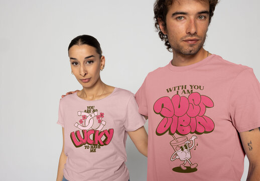 Interracial Couple in T-shirts. PSD template mockup 