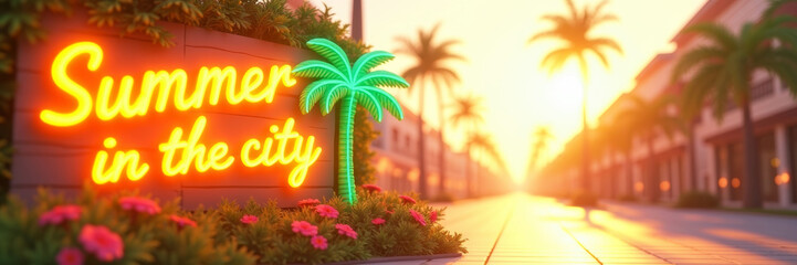 Summer in the city neon text or quot glowing with palm trees on summer sunset city street or boulevard background. Banner with empty space, copy space.