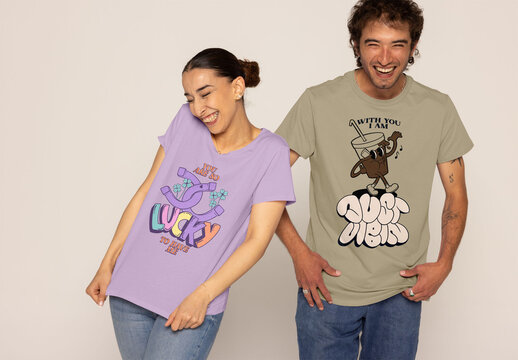 Colorful T-shirts on Interracial Couple. PSD template mockup 