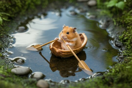 Diminutive mariner: A fluffy hamster navigates a reflective puddle in a walnut shell skiff