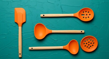 Vibrant Orange Kitchen Utensils on Teal: A Flat Lay