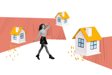 Creative abstract template collage of funny beautiful female real estate mortgage realtor building choose house apartment settlement rent
