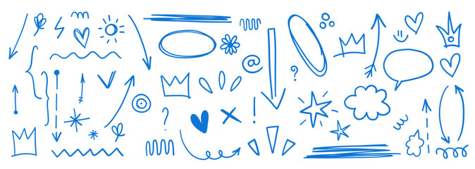 Hand drawn line arrow big comic set in sketch scribble doodle style. Vector illustration simple star, arrow, crown, lovely elements. 