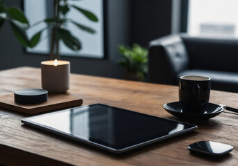 Dark modern office interior design with simple furniture, plants in the room