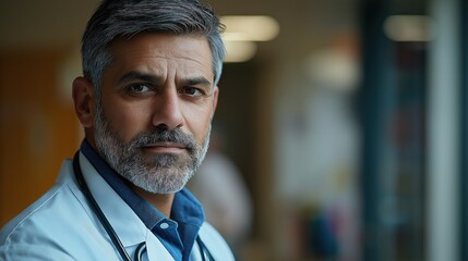 Close-up portrait of serious mature male doctor wearing stethoscope and white coat