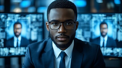 Focused businessman in a modern, technologically advanced control room