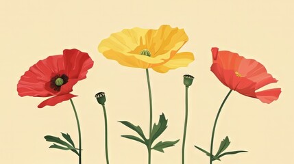 Obraz premium Features tall, vibrant flowers with petals on green stems, set against a background.