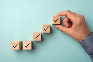 Checklist and task progress tracking concept. A hand placing the final checkmark on wooden blocks in a progress bar, task completion, productivity, goal setting, and efficient project management.