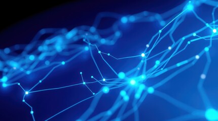 Digital Network Blue glowing nodes connect, dark background, tech illustration