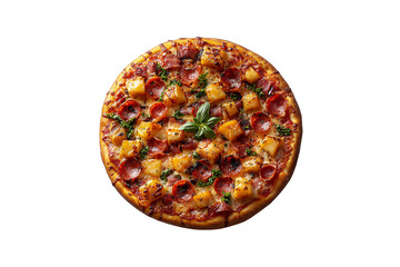 A loaded pizza with crispy pepperoni, juicy pineapple, basil garnish, and melted cheese, perfectly golden crust, isolated on a transparent background