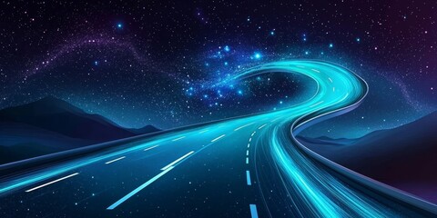 Night Highway With Glowing Traffic Trails, Motion Blur Effect And Starry Sky Background