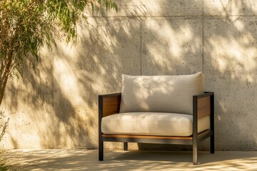 Modern outdoor armchair with light beige cushions.