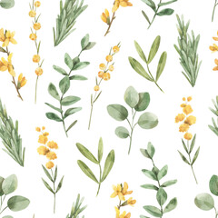 Watercolor pattern with spring leaves, sprigs and yellow flowers. Seamless texture with  branches of rosemary, eucalyptus on white background. Hand-drawn pattern for textile or wrapping paper