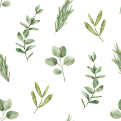 Watercolor pattern with spring leaves, sprigs. Seamless texture with branches of rosemary, eucalyptus on white background. Hand-drawn pattern for textile or wrapping paper