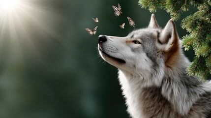 Naklejka premium Gray wolf sniffing butterflies