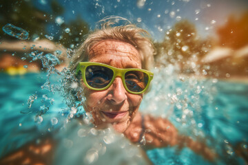 Fototapeta premium smiling old woman wearing green sunglasses in a swimming pool 