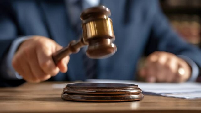 Gavel About to Strike Block on Wooden Table