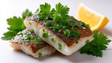 Fresh hake slices with parsley garnish on a clean white background for culinary presentation and gourmet cooking inspiration on white background