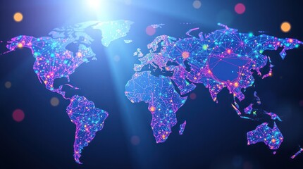Global network connection, glowing map, digital world, data flow, background bokeh, website banner
