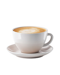 Latte Serenity: A porcelain cup filled with a delicious latte, its creamy texture and swirl beautifully displayed atop a matching saucer.