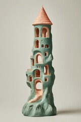 Fantasy tower sculpture in studio lighting, whimsical architecture, fairytale building, handmade ceramic art object, pastel colors