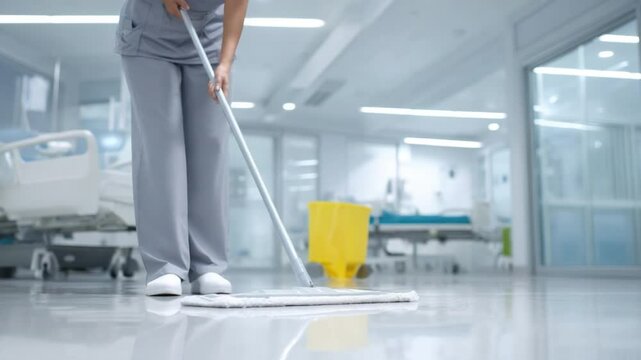 Hospital Cleaning: A healthcare professional mops a spotless hospital floor, ensuring a clean and hygienic environment for patients and staff, embodying dedication to health and well-being.