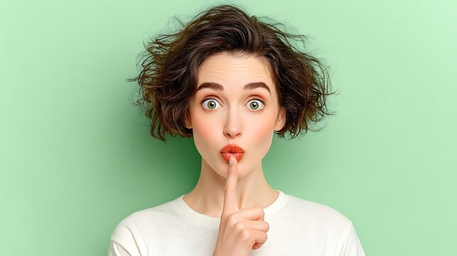 the photograph presents a person against a simple, solid backdrop. the person's finger is held vertically over their pursed lips, suggesting silence