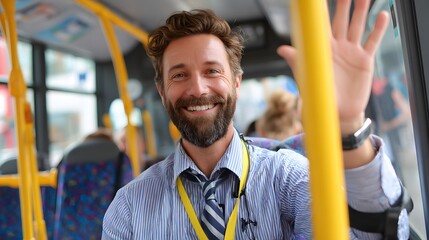Man smiling waving hand on bus public transportation travel commute happy cheerful positive attitude friendly