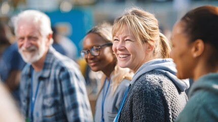 Fototapeta premium Diverse group of people smiling and laughing together at an outdoor event or volunteer opportunity