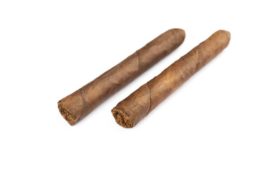Pair of cigars tobacco torpedo shape isolated on white