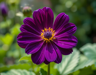 Fototapeta premium Blooming Purple Flower with Yellow Center in Natural Light